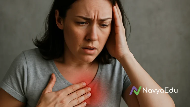 Woman looking distressed, holding her chest and head, symbolizing hidden health symptoms