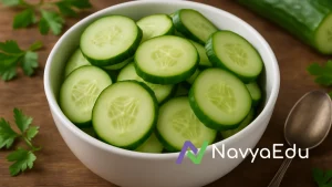 Bowl of fresh cucumber slices with parsley and spoon on a rustic wooden table
