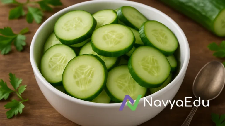 Bowl of fresh cucumber slices with parsley and spoon on a rustic wooden table
