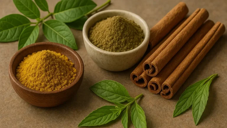 Aromatic Ayurvedic herbs with turmeric, cinnamon sticks, and fresh green leaves arranged on a natural surface.