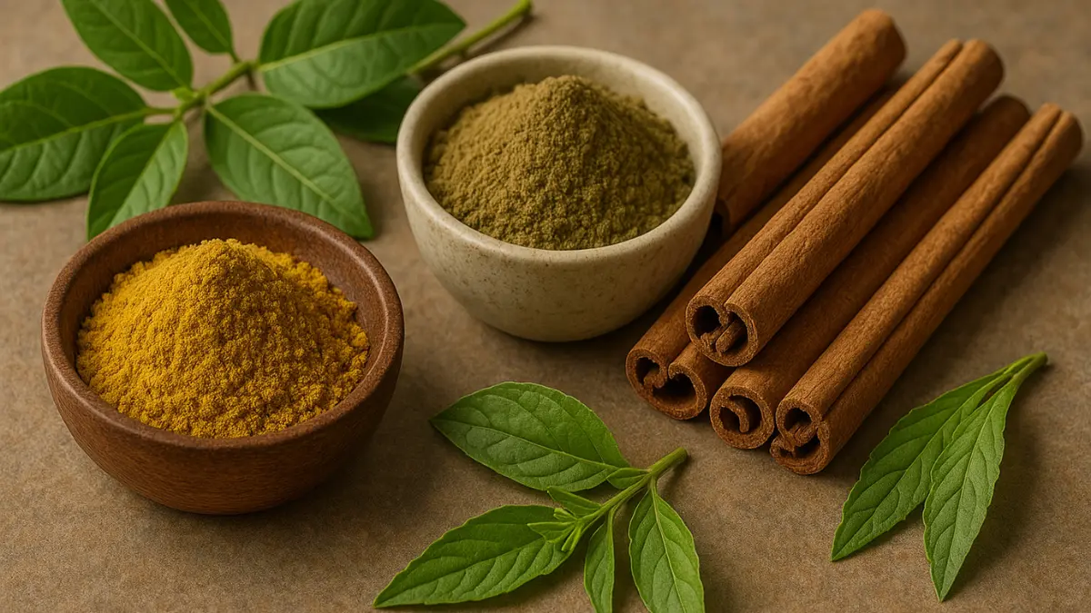 Aromatic Ayurvedic herbs with turmeric, cinnamon sticks, and fresh green leaves arranged on a natural surface.