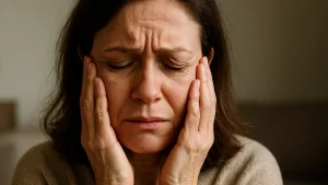 Distressed woman with eyes closed, hands on face, showing signs of physical discomfort in a warm indoor setting.