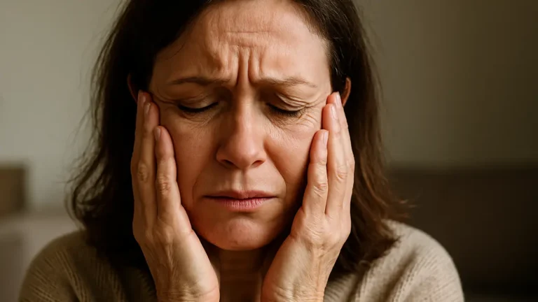 Distressed woman with eyes closed, hands on face, showing signs of physical discomfort in a warm indoor setting.