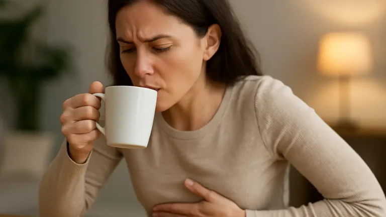 Woman holding her stomach while drinking tea or coffee, showing signs of discomfort