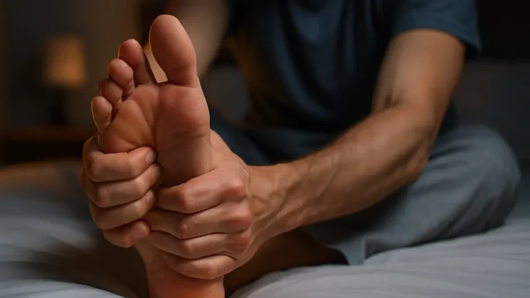 A person in bed holding their foot in pain due to a nighttime foot cramp