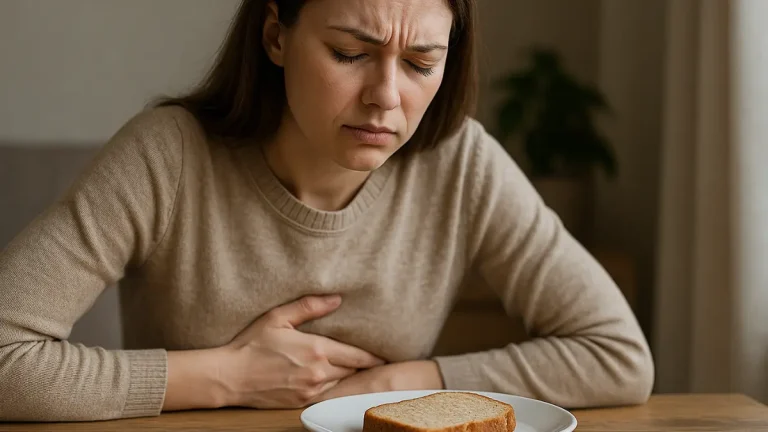 Young woman holding her stomach in discomfort while sitting at a table with bread, representing hidden gluten-related digestive issues.