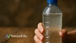 Close-up of a hand holding a plastic bottle with murky water and floating particles