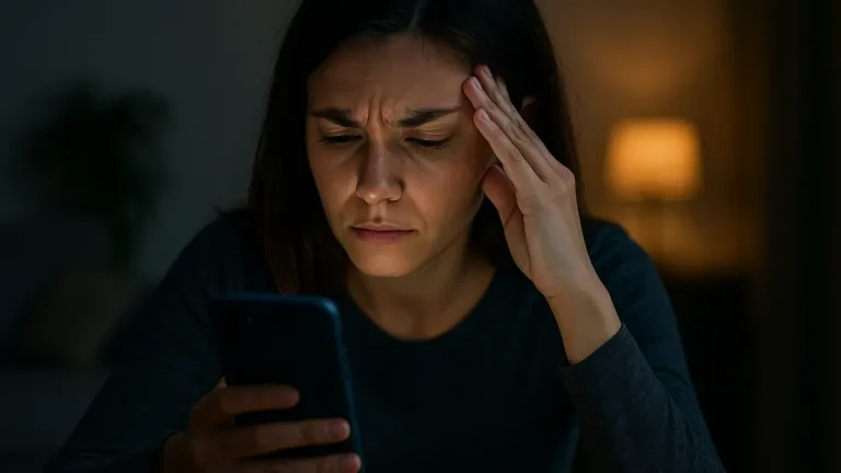 Woman looking stressed while using smartphone at night, hand on forehead, blue screen glow