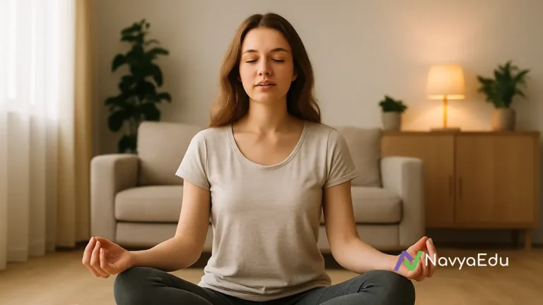 Woman meditating cross-legged on a yoga mat in a calm, sunlit living room with essential oils and water nearby