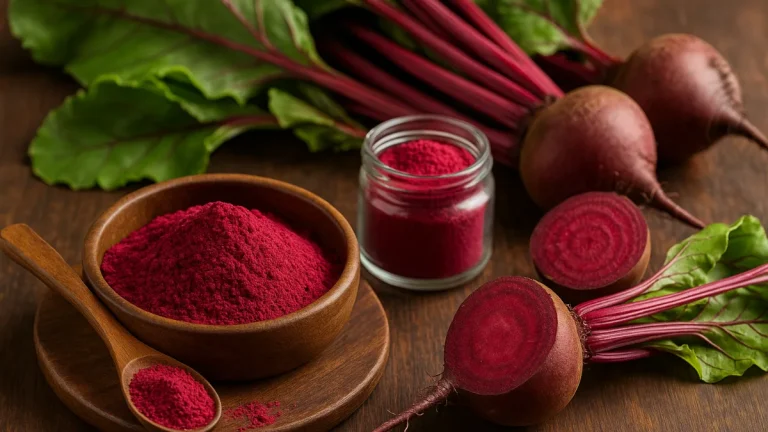Beetroot powder in a wooden bowl with fresh sliced beets and leafy greens on a rustic wooden table