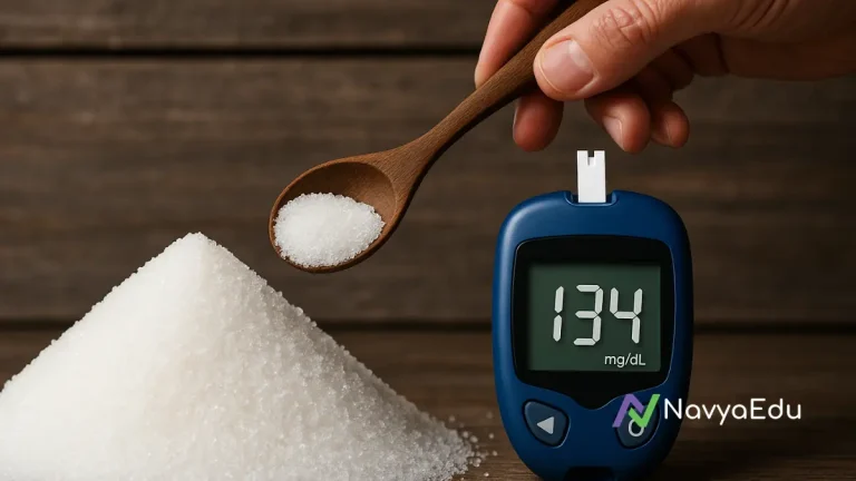 Hand holding wooden spoon with sugar near glucometer reading 134 mg/dL, warning about diabetes risk.