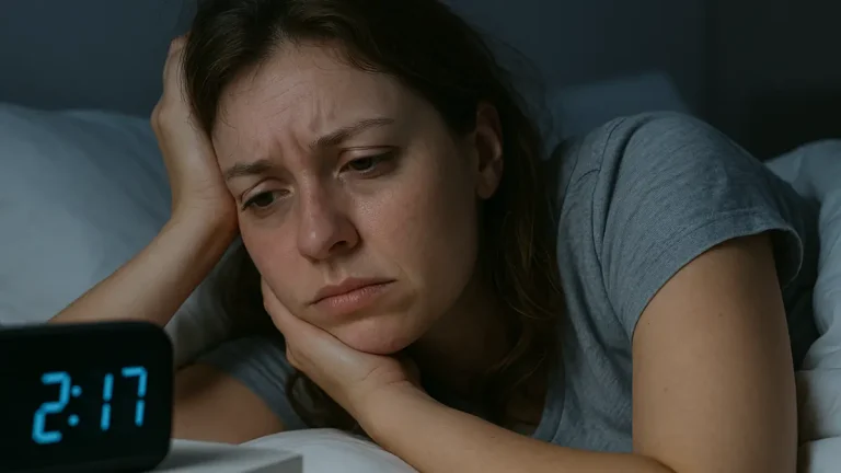 Exhausted woman lying awake in bed at 2:17 AM with dark circles under her eyes, staring at a digital clock—depicting the hormonal impact of late-night sleep.