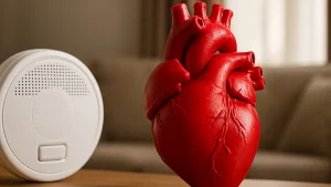 Realistic red heart model beside smoke detector on table, symbolizing hidden risk of heart disease at home.