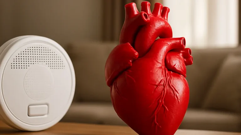 Realistic red heart model beside smoke detector on table, symbolizing hidden risk of heart disease at home.