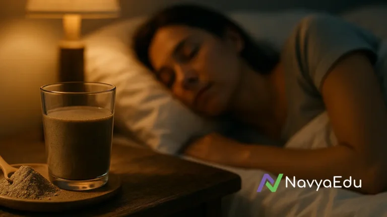 Glass of Triphala beside a sleeping woman under warm light on a wooden nightstand