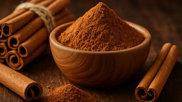 Close-up of ground cinnamon in a wooden bowl with cinnamon sticks on a rustic wooden surface