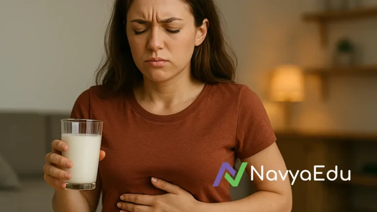 Woman holding a glass of milk with eyes closed and hand on stomach, showing signs of bloating