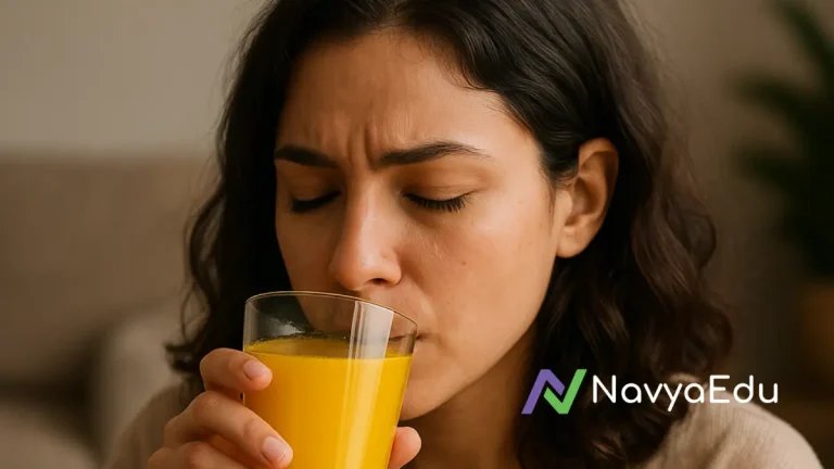 Woman drinking a glass of bright yellow turmeric tonic with a bowl of turmeric powder on the table