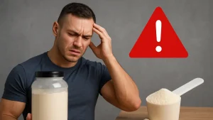 Concerned man holding protein powder container with a warning symbol and scoop of powder on table.