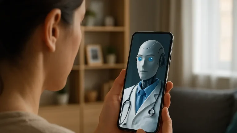 Woman consulting with an AI-powered virtual doctor on a futuristic screen in a high-tech medical environment.