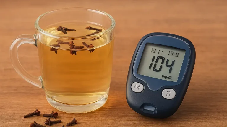 Glass of clove-infused water with floating cloves beside a digital blood glucose meter showing 104 mg/dL.