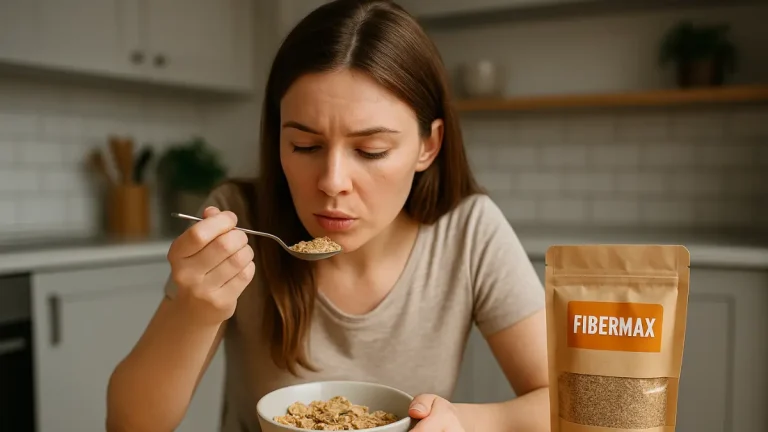 Young woman examining a spoonful of high-fiber cereal next to a Fibermax product package on a kitchen table, illustrating the viral fibermaxxing trend.