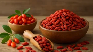 Bowl of dried goji berries with a wooden scoop and fresh goji berries with green stems on a rustic wooden table.