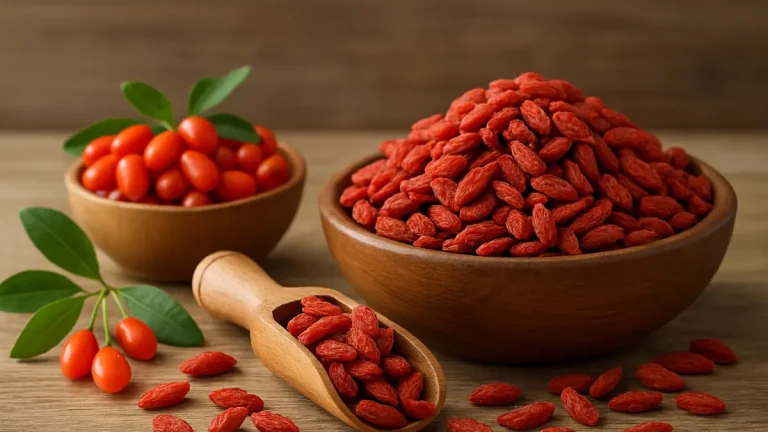 Bowl of dried goji berries with a wooden scoop and fresh goji berries with green stems on a rustic wooden table.
