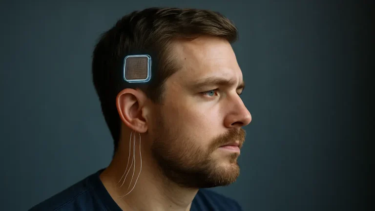 Man undergoing futuristic brain chip implant with robotic precision, symbolizing Neuralink’s breakthrough in human-technology integration.