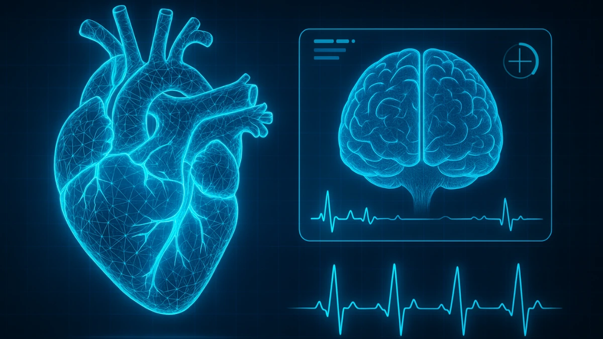 Futuristic quantum sensor scanning a human brain and heart with glowing holographic interface.