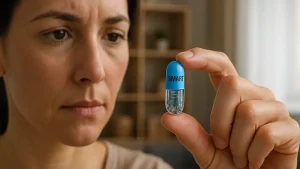 Woman holding a high-tech transparent smart pill for futuristic health tracking.