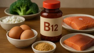 Vitamin B12 supplement bottle surrounded by foods like salmon, eggs, cottage cheese, broccoli, and nutritional yeast on a wooden table.