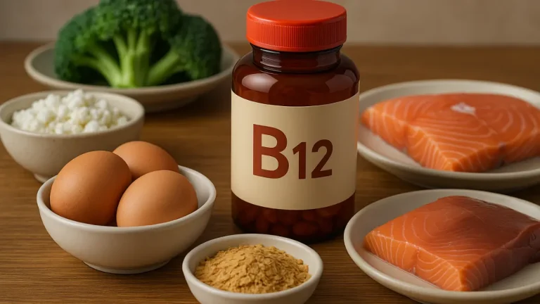 Vitamin B12 supplement bottle surrounded by foods like salmon, eggs, cottage cheese, broccoli, and nutritional yeast on a wooden table.