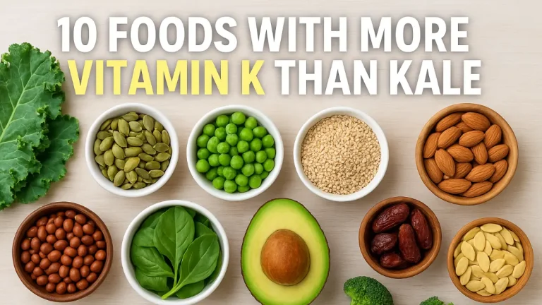 10 Foods with More Vitamin K Than Kale 2 Assorted vitamin K-rich foods such as avocado, spinach, broccoli, seeds, nuts, and legumes arranged on a wooden surface.