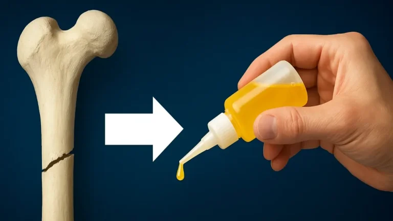 Goodbye to Screws & Plates: 3-Minute Bone Glue Revolution 1 Hand applying golden medical adhesive toward a broken femur bone, symbolizing the 3-minute bone glue healing innovation.