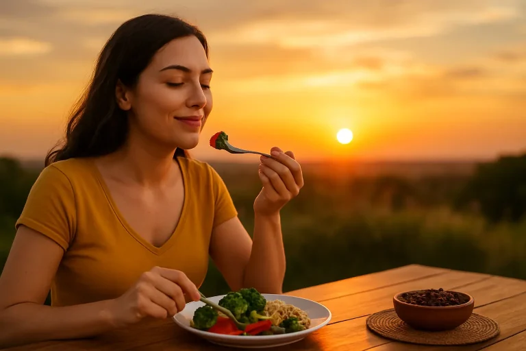 Why Eating Dinner Before Sunset is Ayurvedic Gold 1 Ayurvedic-inspired dinner setting with warm sunlight and natural foods served before sunset for holistic health.