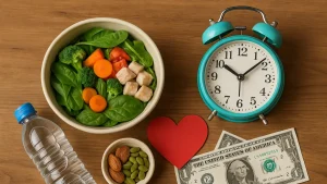 Salad bowl, nuts, water bottle, red heart, dollar bills, and turquoise clock arranged on wooden table symbolizing healthy habits on a budget.
