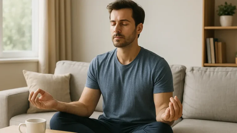 Young man meditating on a sofa with coffee mug, notebook, and smartphone on table in a bright, calm living room. Changing Morning Habits.