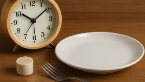 Wooden clock next to empty plate and fork on wooden table symbolizing intermittent fasting and time-restricted eating.