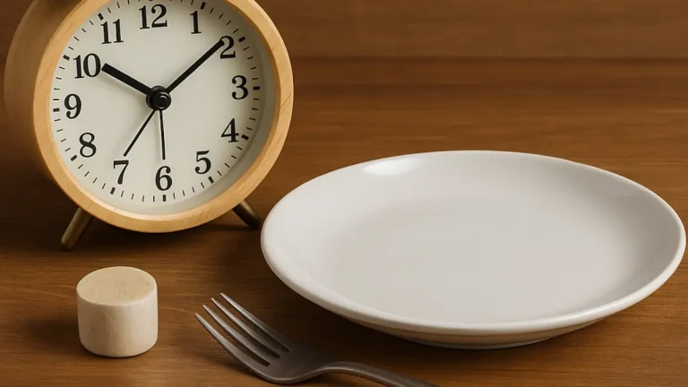 Wooden clock next to empty plate and fork on wooden table symbolizing intermittent fasting and time-restricted eating.