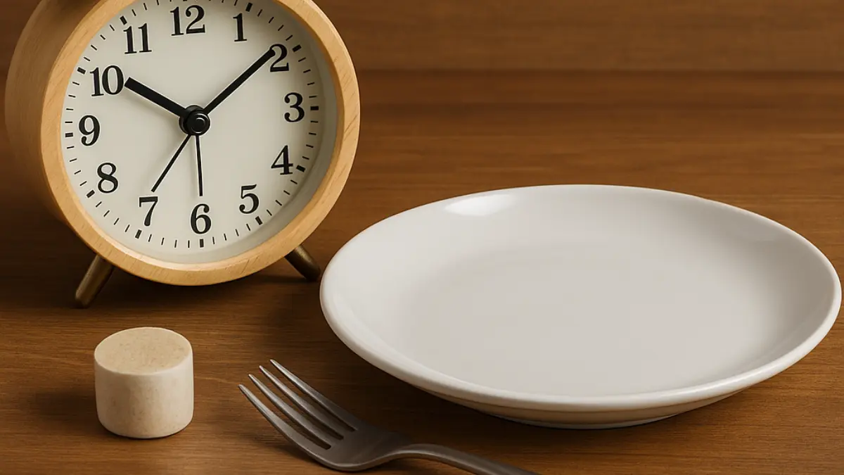 The Truth About Intermittent Fasting: What Recent U.S. Studies Say 1 Wooden clock next to empty plate and fork on wooden table symbolizing intermittent fasting and time-restricted eating.