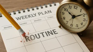 Close-up of a weekly planner with the word “routine” being erased by a pencil next to a brass alarm clock.
