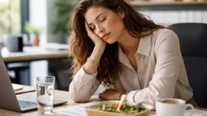 Tired woman at desk after lunch with salad, coffee, and laptop, showing midday energy crash.