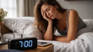 Tired woman sitting in bed with messy hair looking exhausted next to a digital clock showing 7:00 AM.