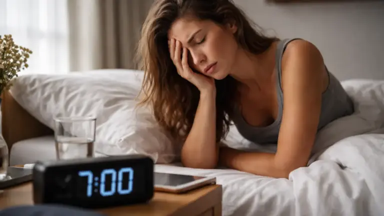 Tired woman sitting in bed with messy hair looking exhausted next to a digital clock showing 7:00 AM.